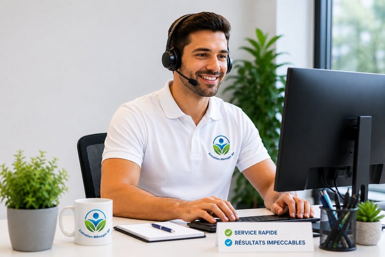 Smiling man wearing headset and white polo shirt at desk with computer, plant, and coffee mug during video call or customer service work