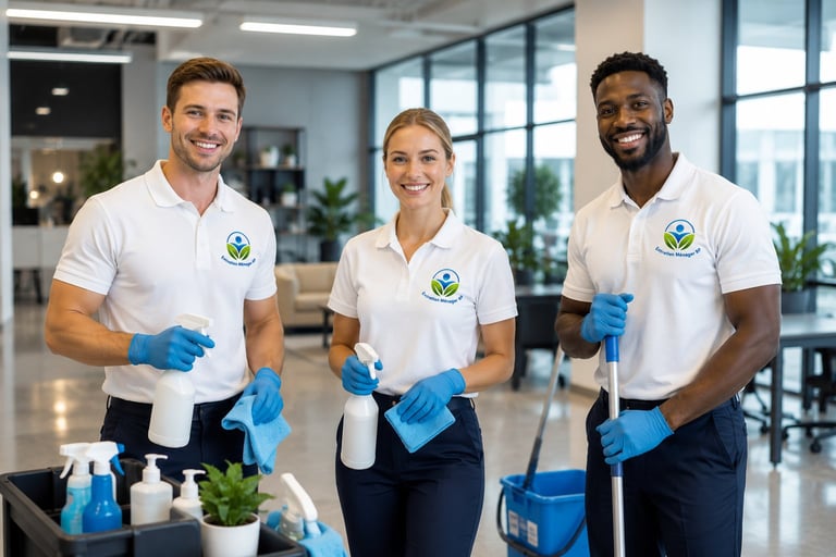 Three cleaning service workers in white uniforms and blue gloves posing in a modern office with cleaning supplies